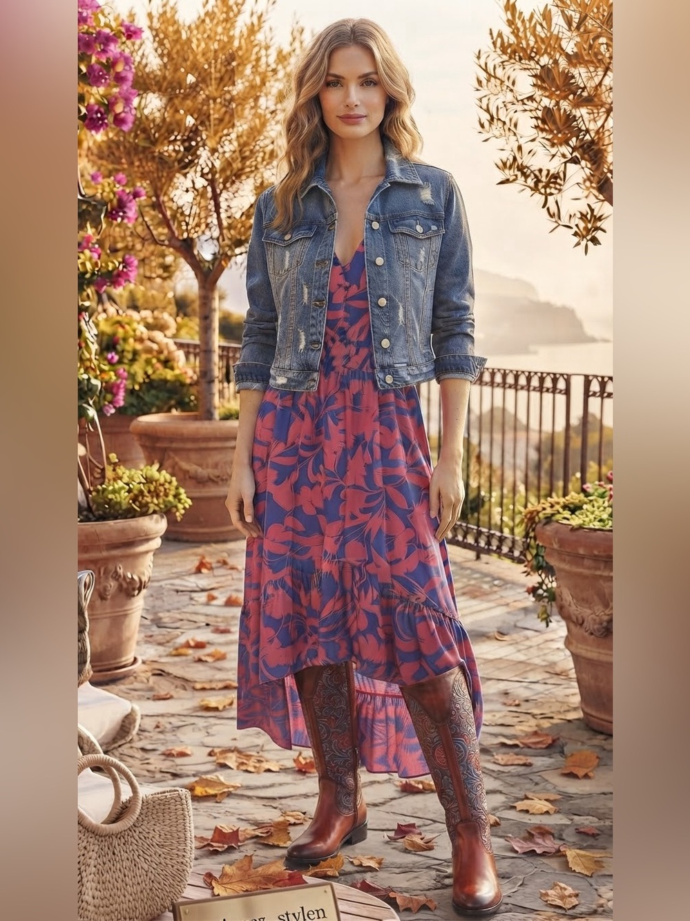 New Able the Label Pink & Blue Floral Midi Dress